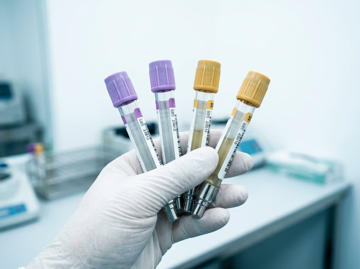 A gloved hand holding blood sample collection tubes in a sterile laboratory